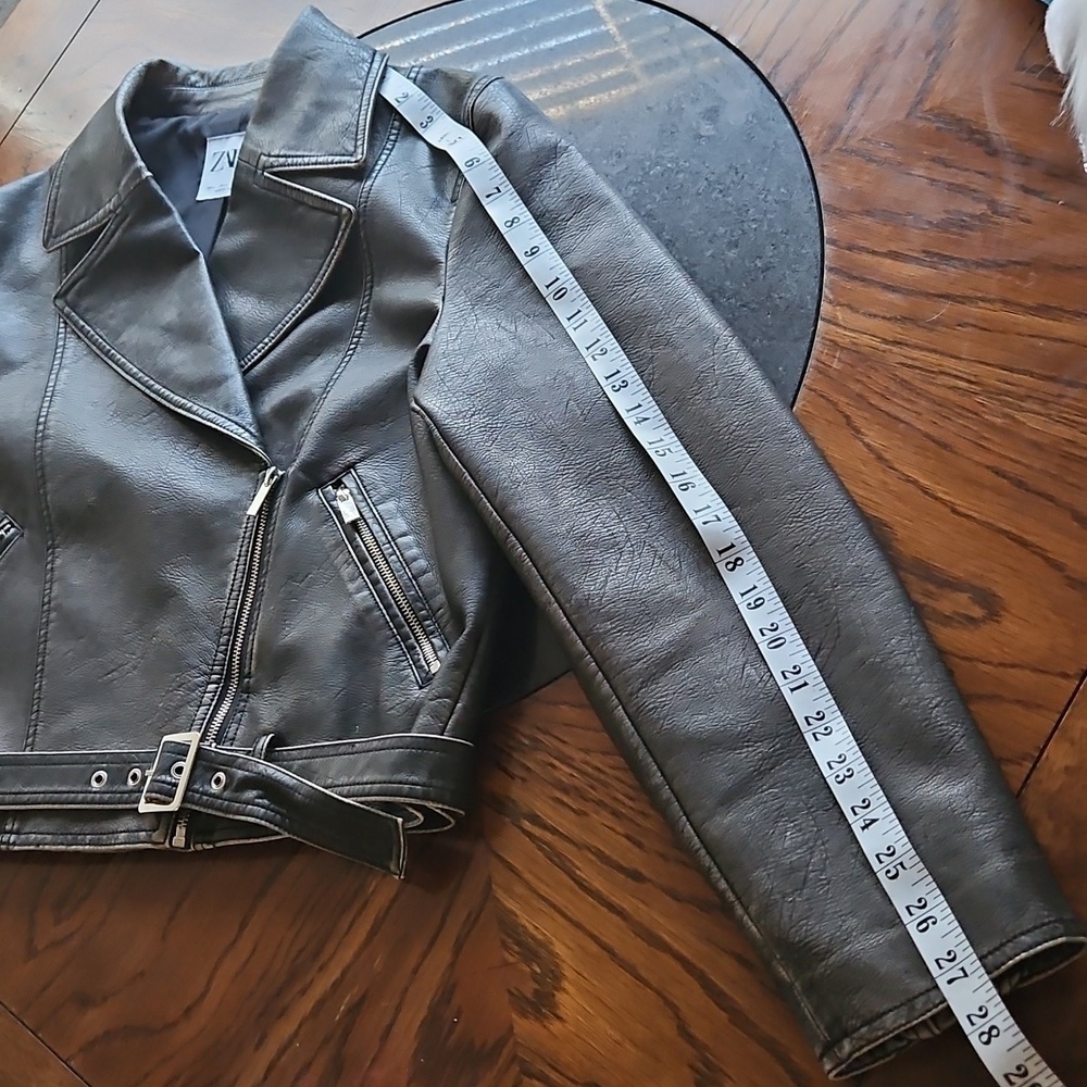 Zara Faux Leather Charcoal Grey Worn Effect Moto Jacket Size L - Picture 14 of 16
